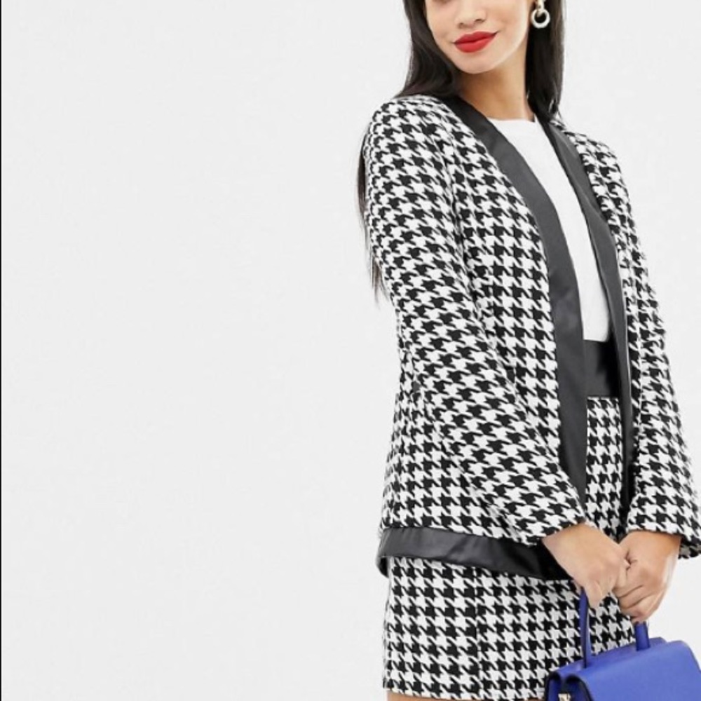 Herringbone Blazer with Vegan Leather Trim